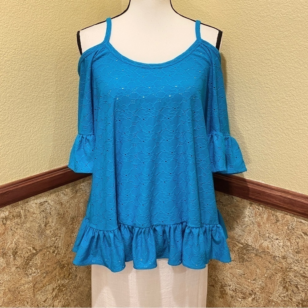 MICHAEL MICHAEL KORS Womens Blue Ruffled Elbow Sleeve Off Shoulder Top Sz Large - Picture 2 of 13